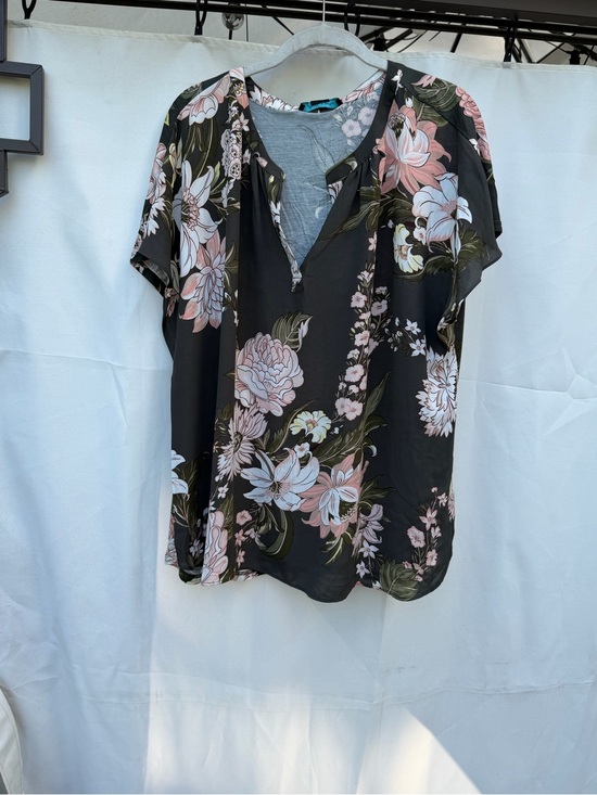 Tops - Women's Black Floral Split-Neck Blouse - Pink & White Flower Print